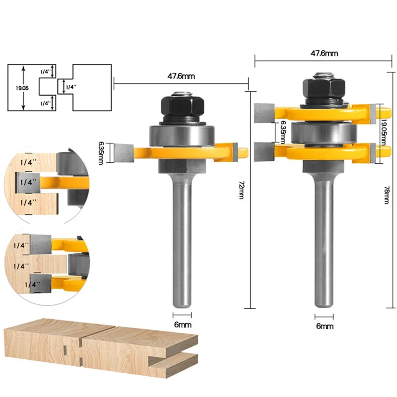 2Pcs 6Mm Shank Joint Assembly Router Bit Set Tongue & Groove T-Slot Milling Cutter for Woodwork Cutting Tools