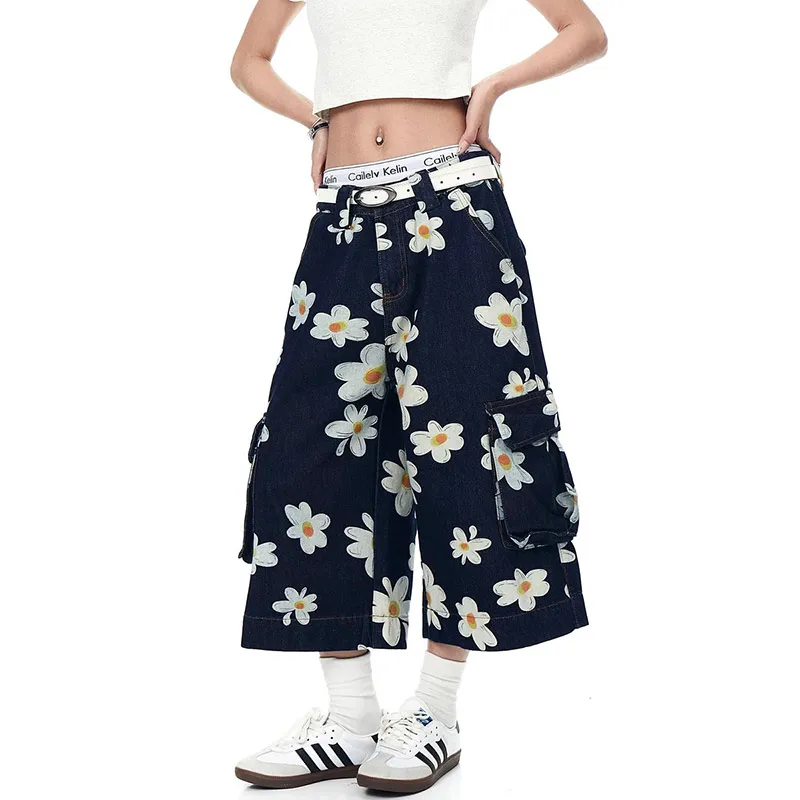 

Summer Women Retro American Daisy Print Loose Straight Leg Denim Shorts Casual Streetwear High Waist Fashion Cotton Blend Shorts