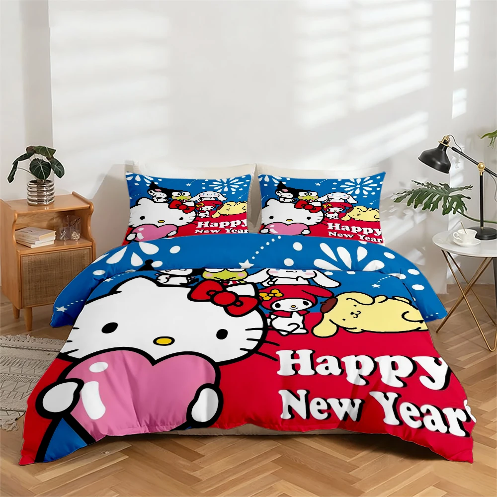 

Комплект постельного белья из 3 предметов с цифровой печатью высокого разрешения, с изображением Hello Kitty и другими мультяшными персонажами, комплект пододеяльников с крупным узором, включает 1 пододеяльник + 2 наволочки, подходит для спальни, гостевой