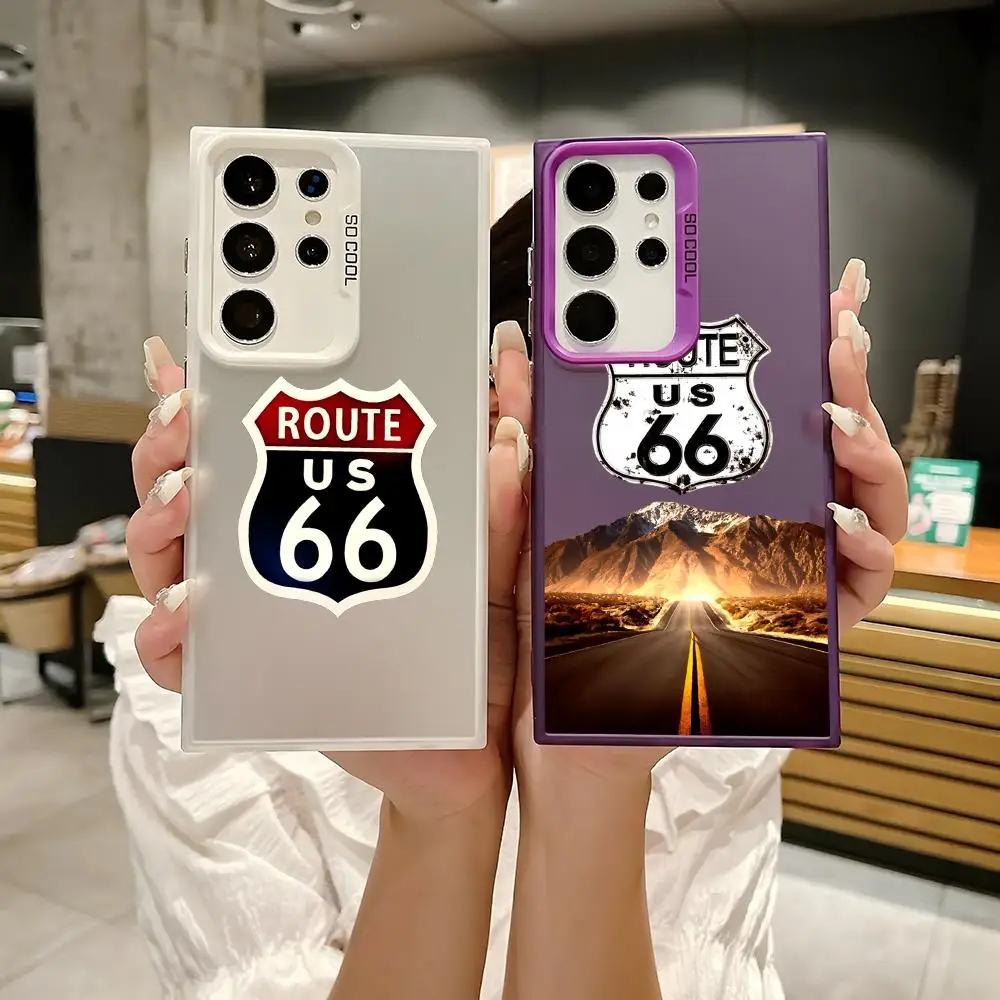 Funda de teléfono con logo de America Route 66 para Samsung Galaxy S25 Edge S24 S23 S22 S21 S20 Ultra Funda de silicona plateada