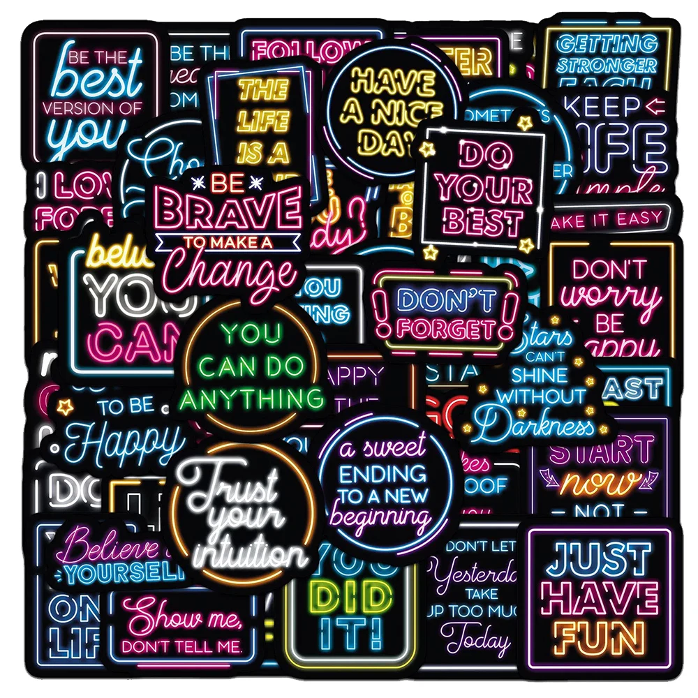 

10/30/50pcs Neon Light Motivational Quotes Stickers Inspirational Cartoon Decals DIY Laptop Skateboard Cool Waterproof Sticker