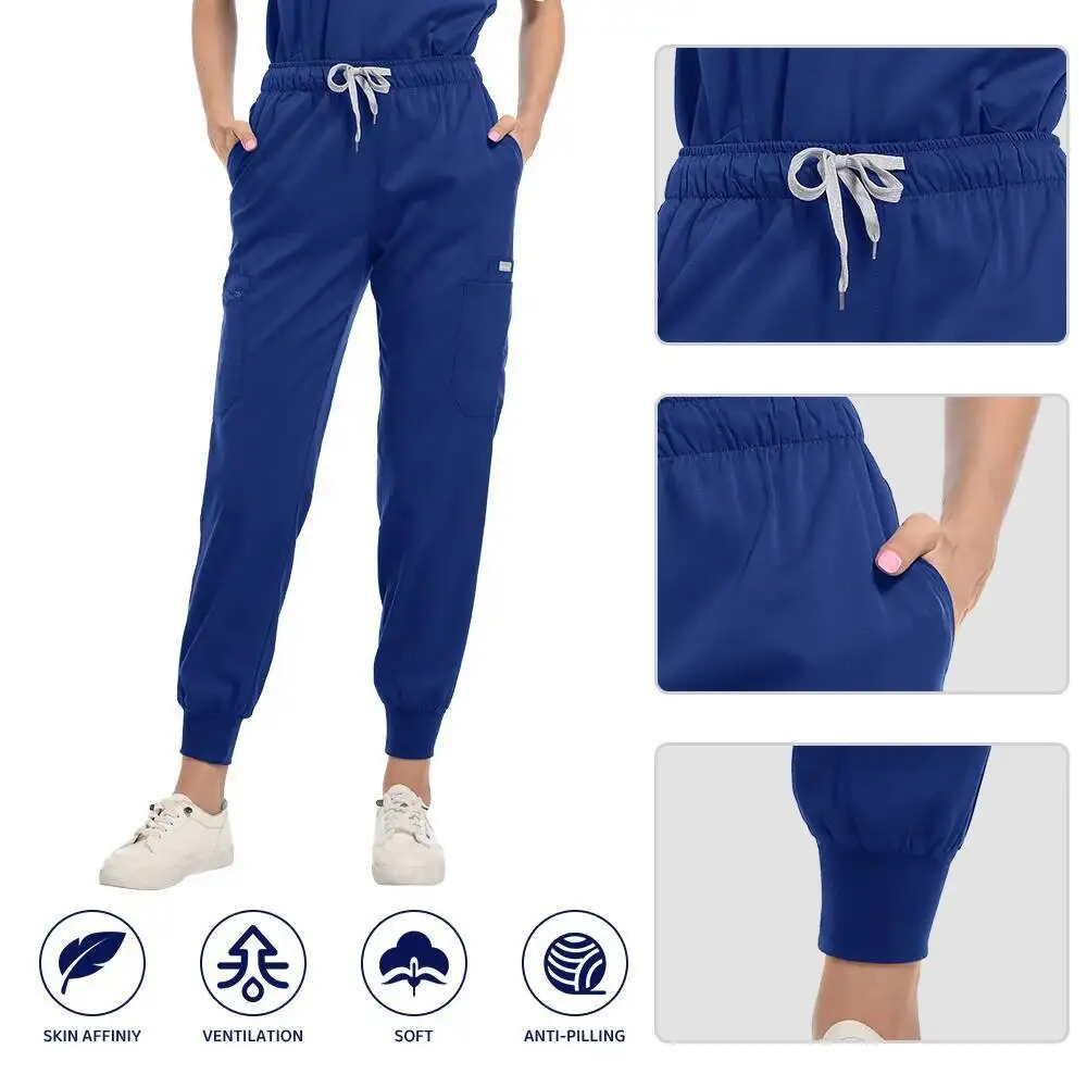 Dwuczęściowy strój medyczny z krótkim rękawem, dekoltem w serek, kieszeniami, bluzka medyczna i spodnie typu jogger ze sznurkiem, uniform dla lekarza, pielęgniarki, odzież robocza.