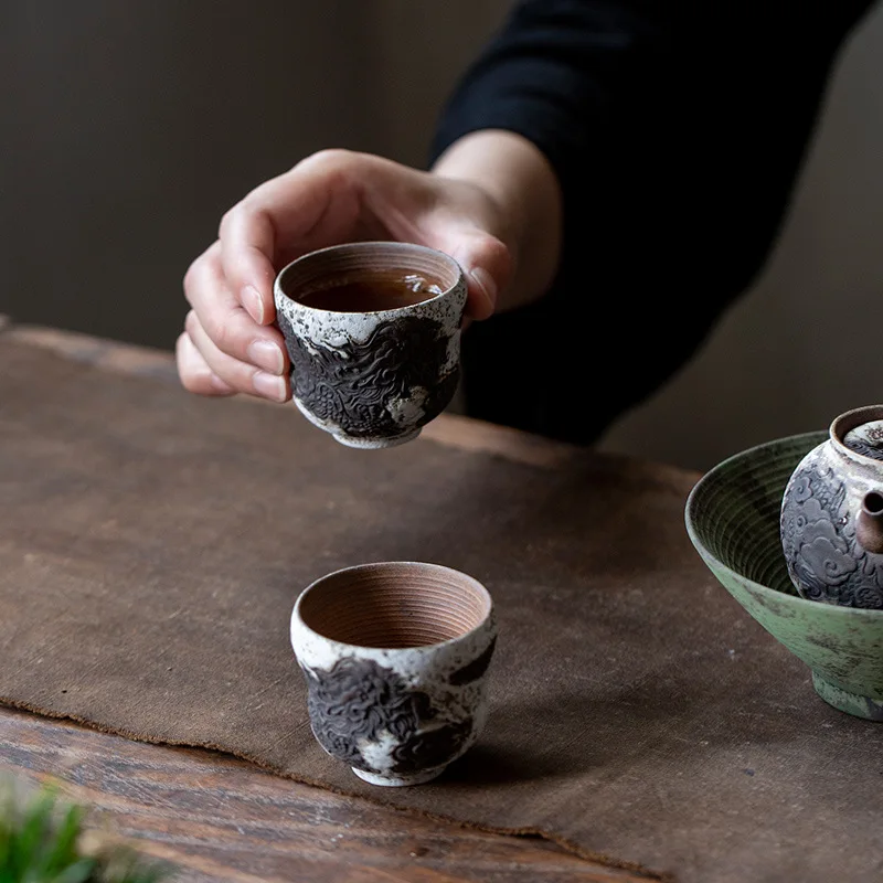 70ml Gourd Cup Japanese Old Rock Clay Powder Ceramic Tea Cup Handmade Relief Creative Personal Master Single Coarse Pottery