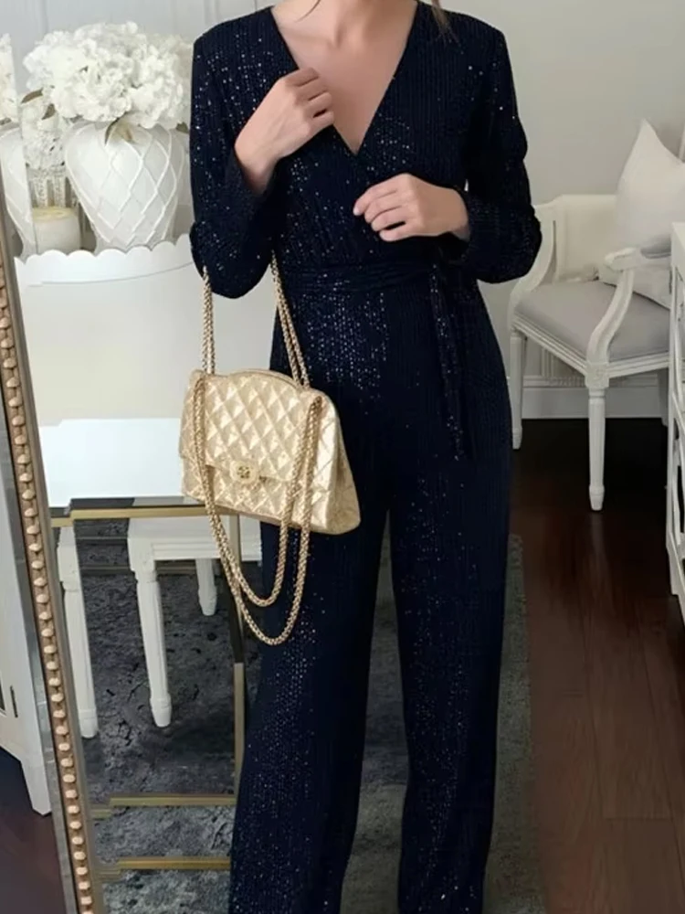 

Модный блестящий комбинезон с пайетками, на шнуровке, с глубоким V-образным вырезом, длинными рукавами, для вечеринок, повседневный, с широкими штанинами, длинный комбинезон-ромпер