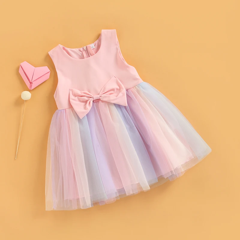 Toddler Kids Girls Princess Dress Sleeveless Bowknot Rainbow Color Tulle Tutu Dress Summer Birthday Party Pageant Dress