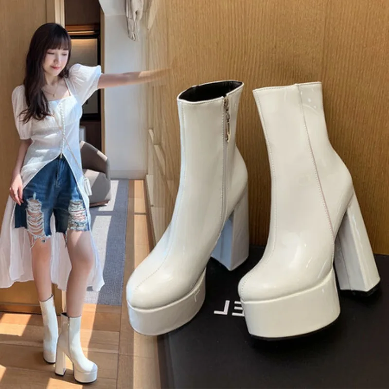 

Platform Ankle Boots for Women Black White Pink Short Boot Block Heels Party Fetish Shoes Lady Big Size 45 New 2025 Winter