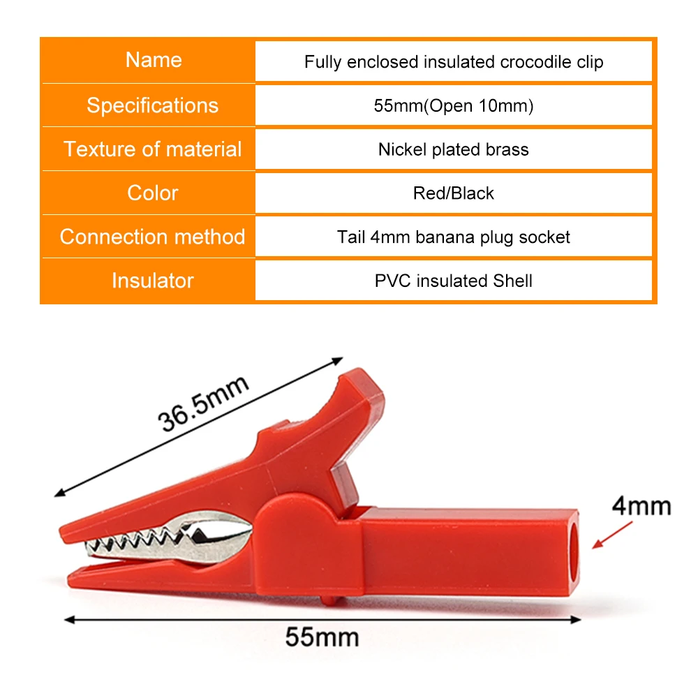 4pcs/Set 55mm Alligator Clip + Banana Plug, Test Probe With 4mm Banana Plug Cable Clips Red + Black Stonego Test Accessories