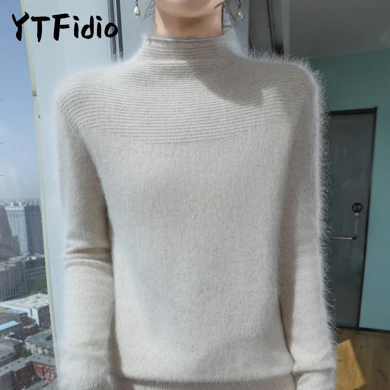 YTFidio Nerz-Kaschmir-Pullover für Damen, Strickwaren, Pullover, dick, halbhoher Kragen, Basis-Tops, Oberbekleidung, gestrickt, übergroß, 147