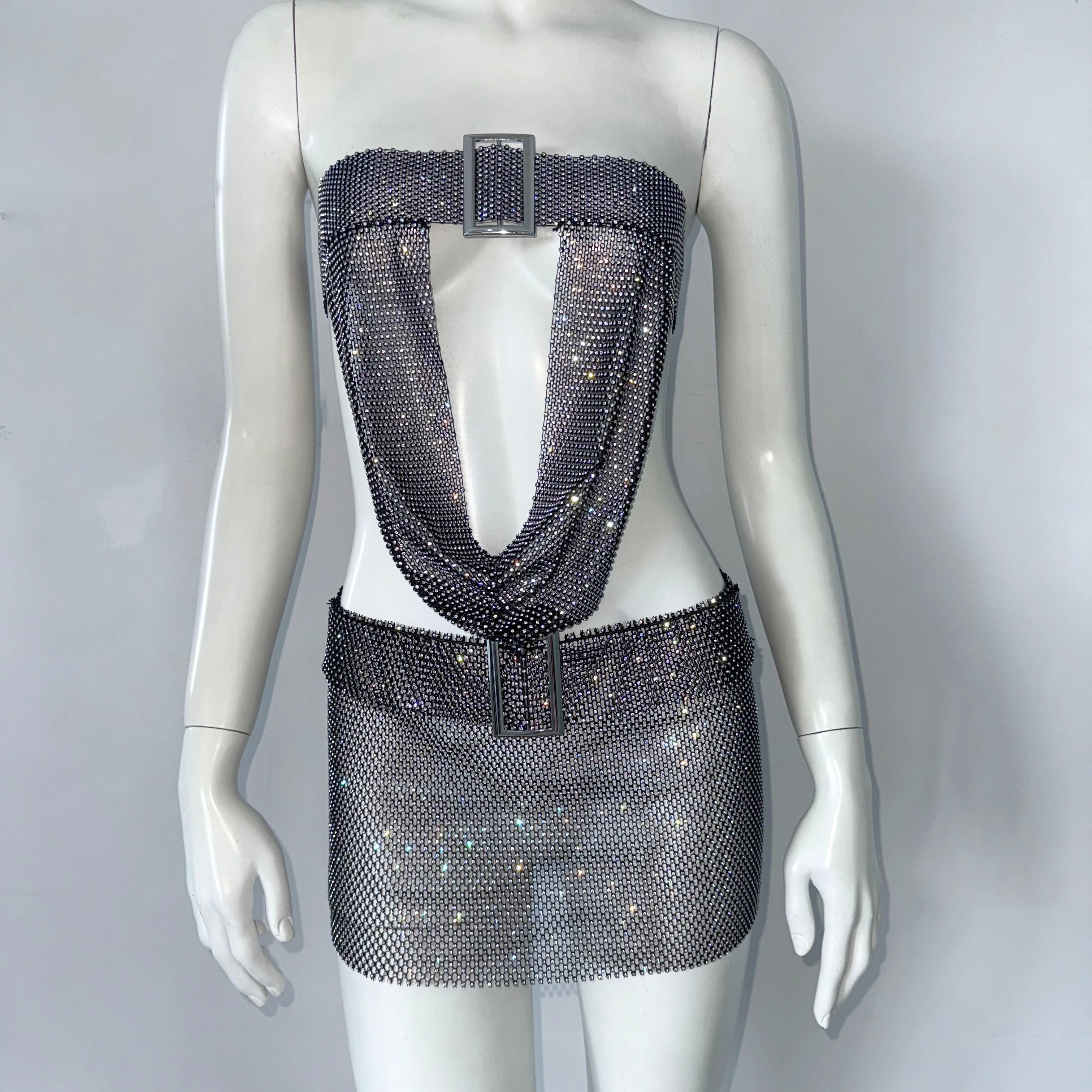 여성 반짝 이는 라인 석 메쉬 타이트 드레스 섹시한 백 레스 붕대 속이 빈 Fishnet Strapless 드레스 파티 클럽 드레스