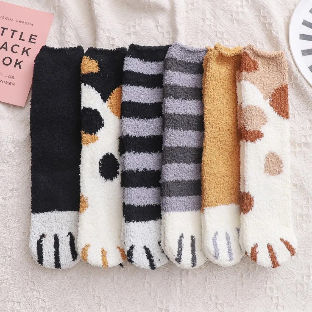 Plush Cartoon Cat Paw Socks for Women Girls Winter Warm Thicken Fleece Sleeping Socks Funny Kawaii Dog Cats Paw Pattern Socks