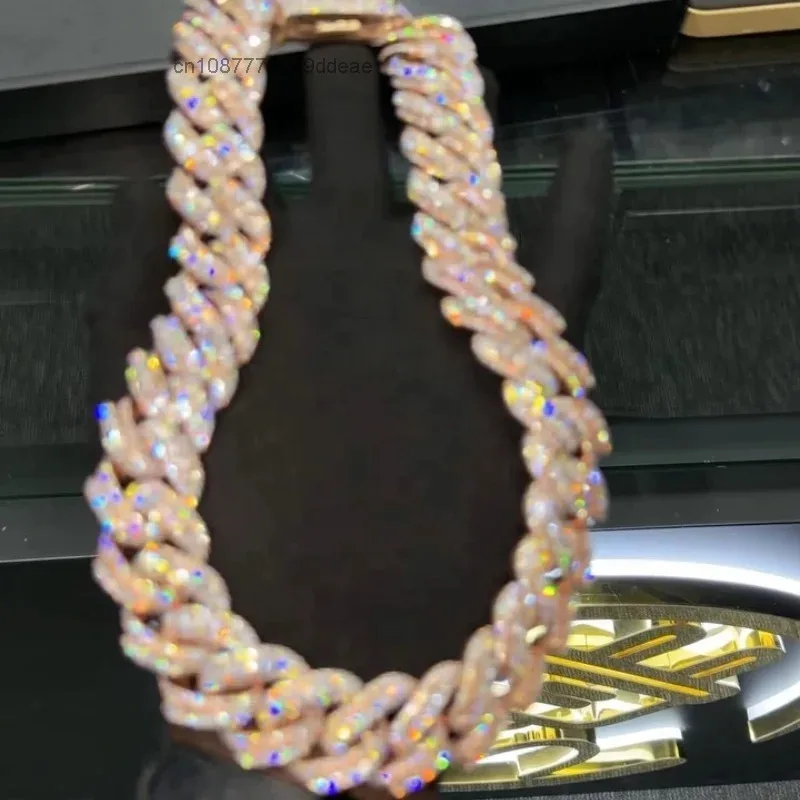 Sterling 925 Silver Iced Out VVS Moissanite Diamond 22MM Raised Stone Cuban Chain Necklace Rose Gold Cuban Link Chain..