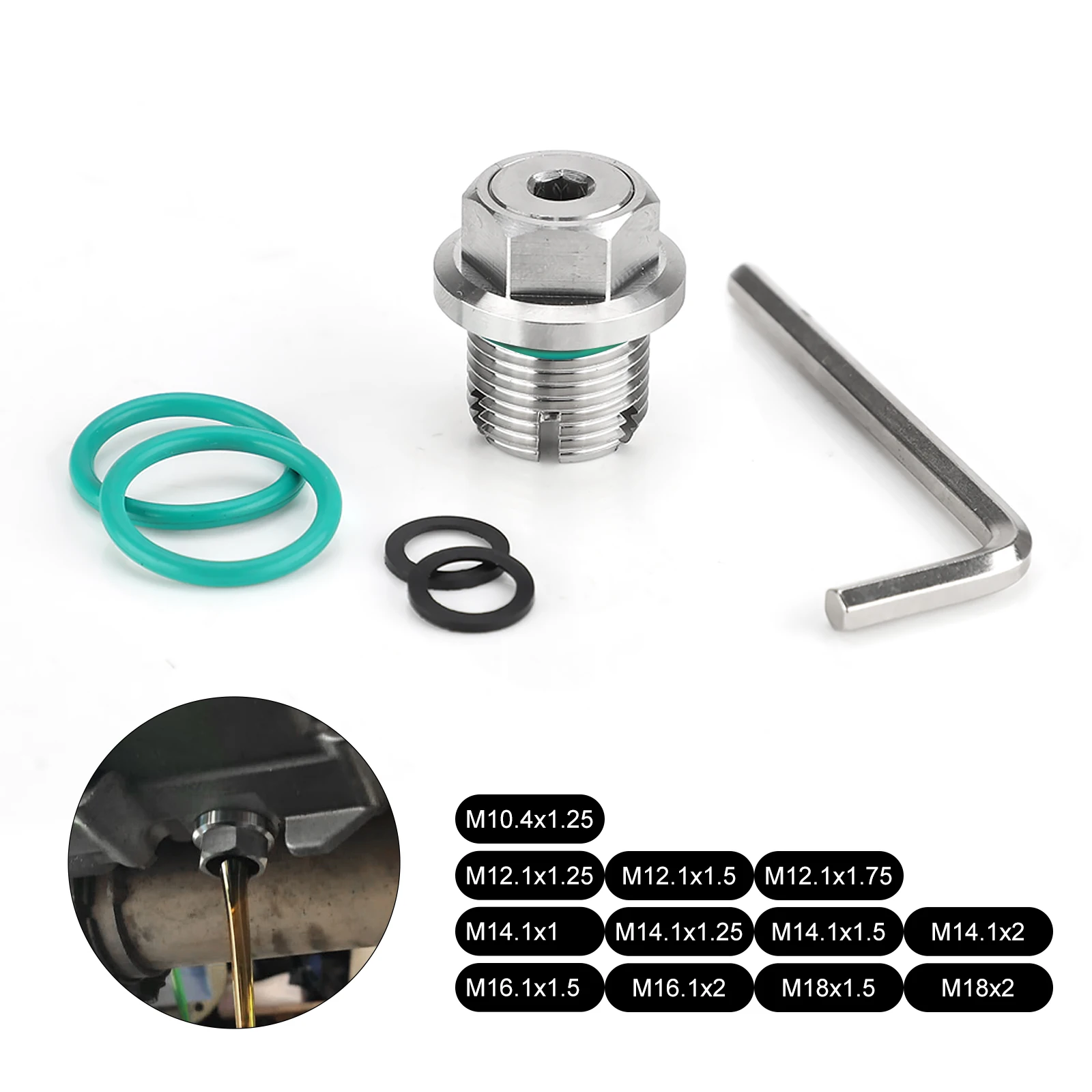 Oversize Piggyback Oil Drain Plug M12.1-1.25/1.5/1.75x 15mm Stainless Steel Self Tapping Oil Pan Thread Repair Kit with O-Ring