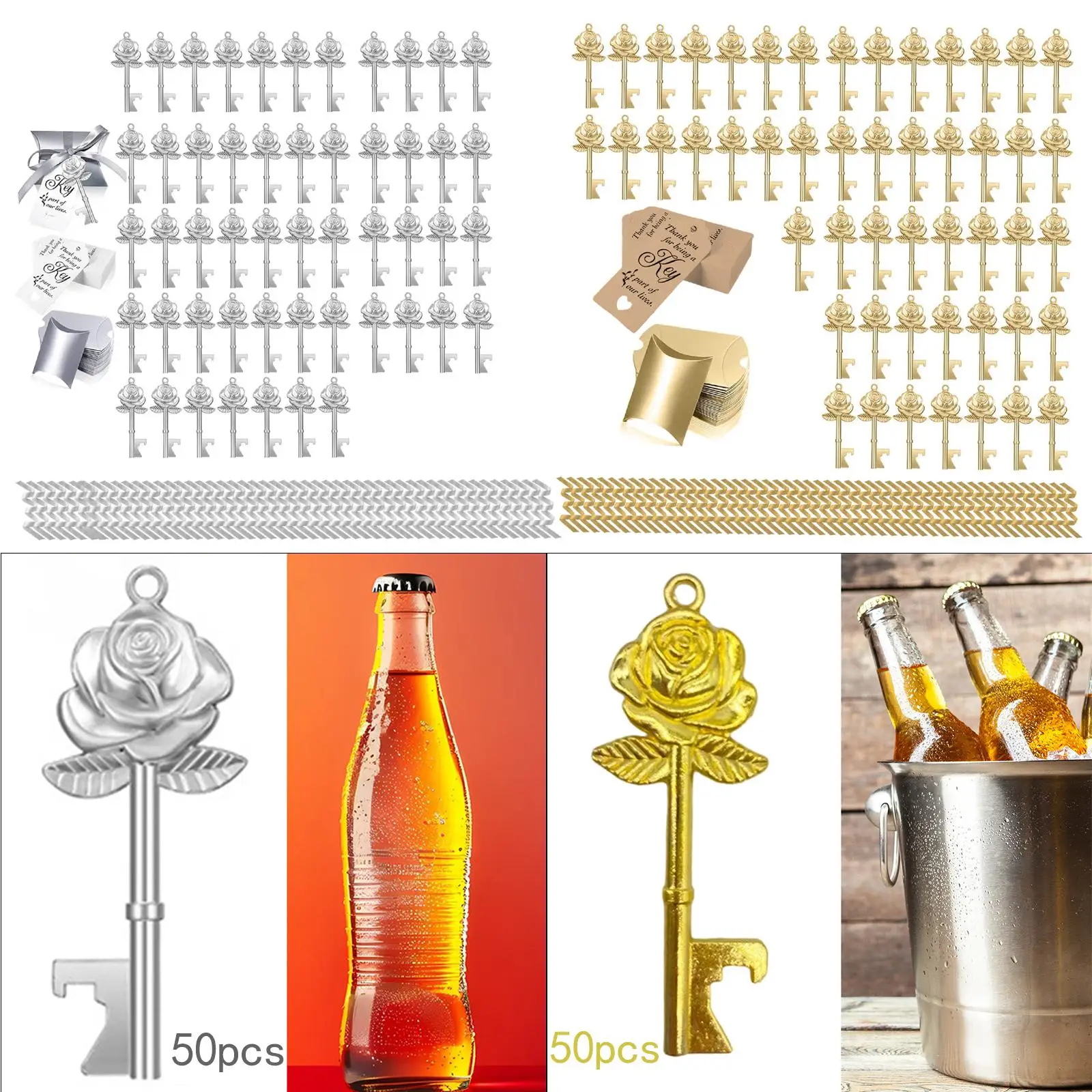 50x Key Bottle Openers with Ribbons DIY Decor Beer Can Openers Souvenir Gift Set with Candy Box Tags for Party Favors Wedding