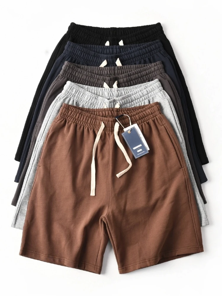 Verão novo americano retro malha cor sólida shorts moda masculina solta elástica wasit cordão esporte casual calças de 5 pontos