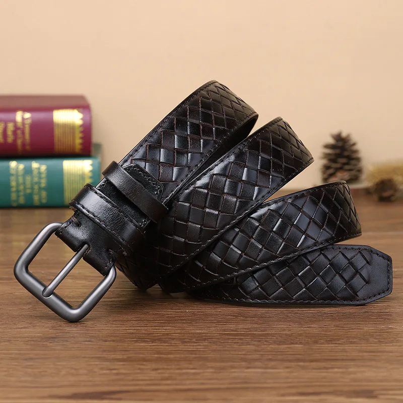 Genuine youth men's belt genuine leather braided pin buckle belt first layer cowhide hand-woven couple style versatile belt