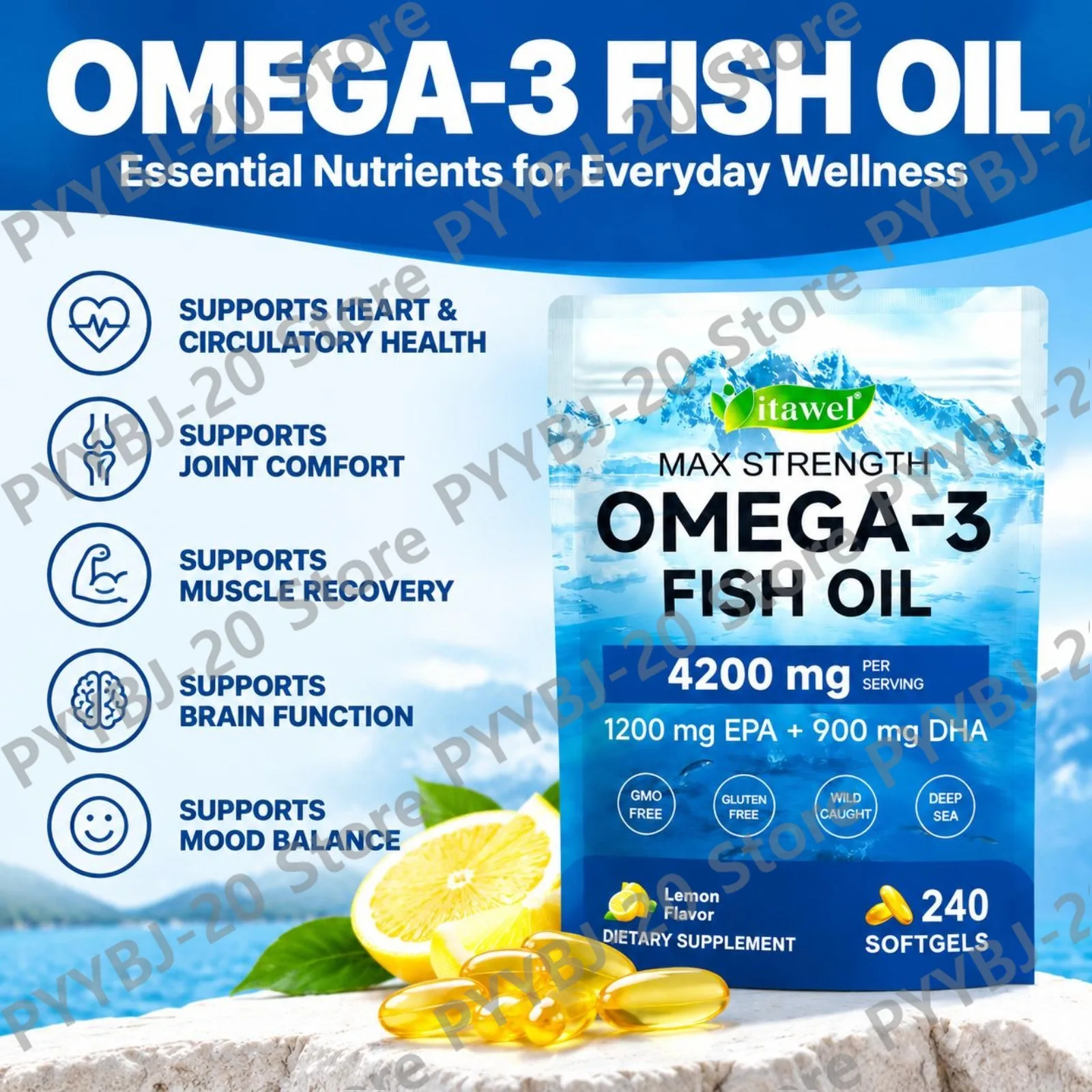 Itawel Omega-3 Fish Oil Softgels Enteric-Coated Lemon Flavor EPA DHA Heart Circulation Joint Comfort Recovery 240 Softgels