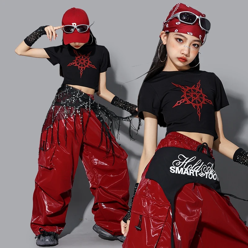 الأطفال ملابس رقص الجاز الفتيات Kpop أداء المرحلة ارتداء الأسود المحاصيل الأعلى مشرق الأحمر الهيب هوب الرقص السراويل الشارع Dancewear 2489