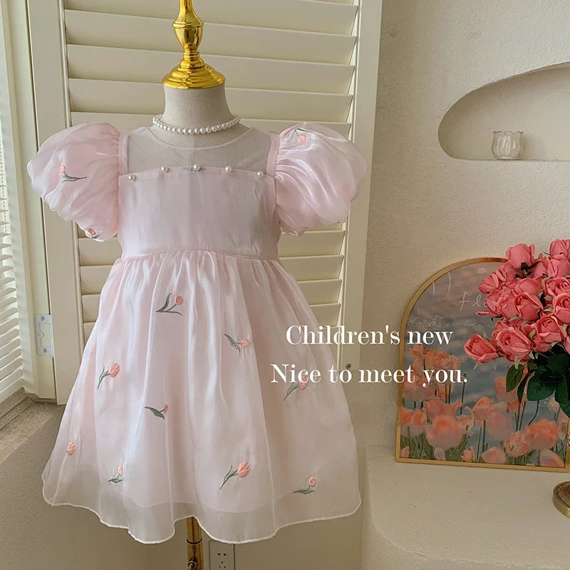 HoneyCherry Summer New Girls Sweet Bubble Sleeve Dress Cute Butterfly Wings Embroidered Flowers Short-sleeved Princess Dresses