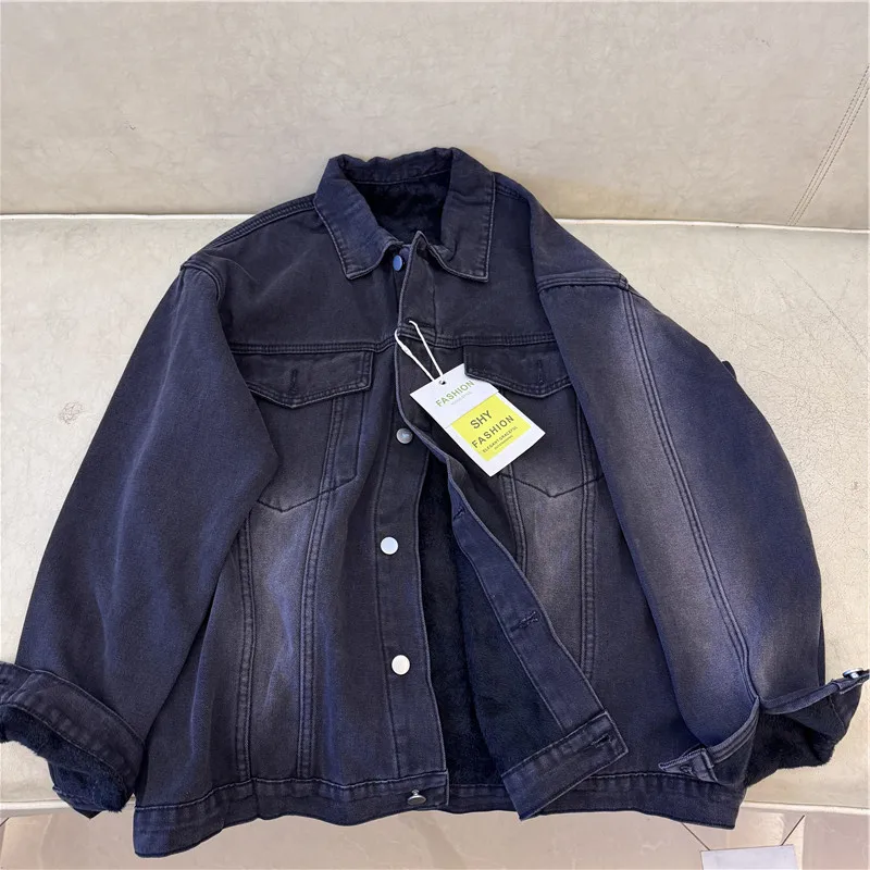 

Джинсовое пальто с длинными накладками на меху, плюшевые женские зимние двубортные регулируемые верхняя одежда, куртки во французском стиле, потертые Highstreet Ins