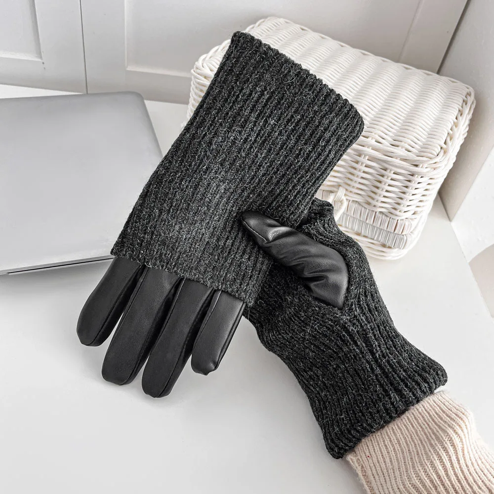 Rękawiczki ze skóry PU, damskie, z aksamitną podszewką, haftowane wzorem w romby, dwufunkcyjne, modne i ciepłe rękawiczki zimowe.