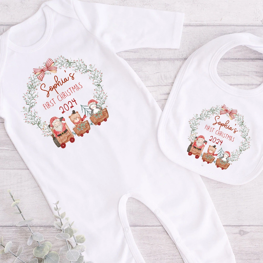 Personalised Babies First Christmas Sleepsuit & Bibs Babies 1st Xmas Gift Pyjamas 1st Xmas Babygrow Christmas Outfit for Baby