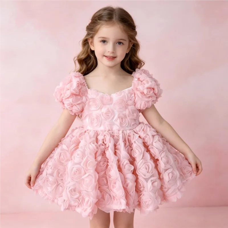

Fashion Baby Girl Princess Tutu Dress Puff Sleeve Toddler Child 3D Flower Vestido Wedding Birthday Party Baby Clothes 1-12Y