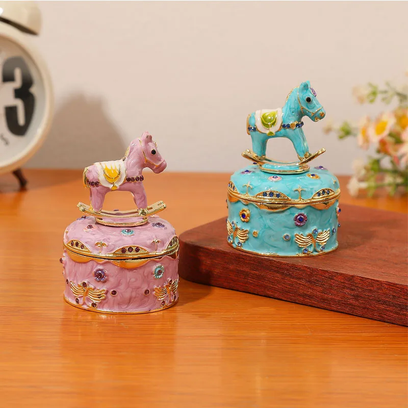 Hand-Painted Circle Carousel Trinket Box Small Enamel Jewelry Box with Hinge Christmas Gift for Women Unique Craft Gift