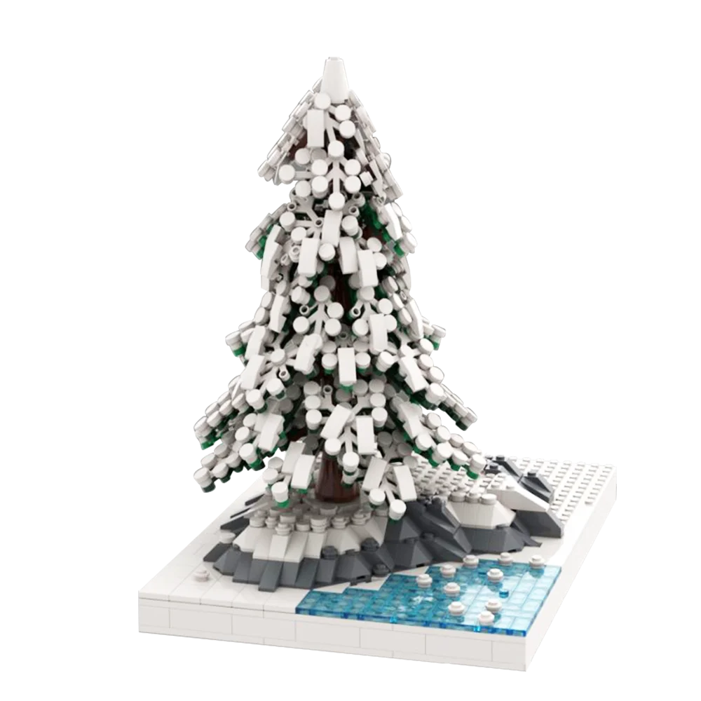 MOC Winter Fir Pine Tree WITH Base Building Blocks White Snow Plant DIY Bricks Model Adult Toys Decor City Street Forest Garden