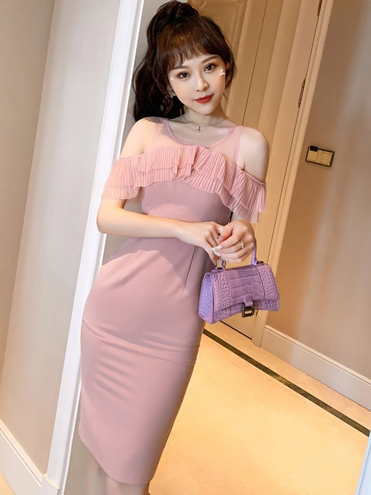 Summer Elegant Sexy Women Midi Dress Black Pink Ruffled Pleated Spliced Sheer Mesh Off Shoulder Slit Slim Wrap Hip Dress Vestido