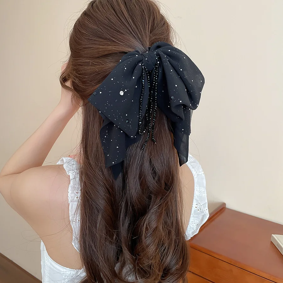 الاكريليك النسيج القوس شرابة مشبك شعر للنساء الساطع حجر الراين الأسود القرش كليب مزاجه موضة إكسسوارات الشعر مأدبة ث