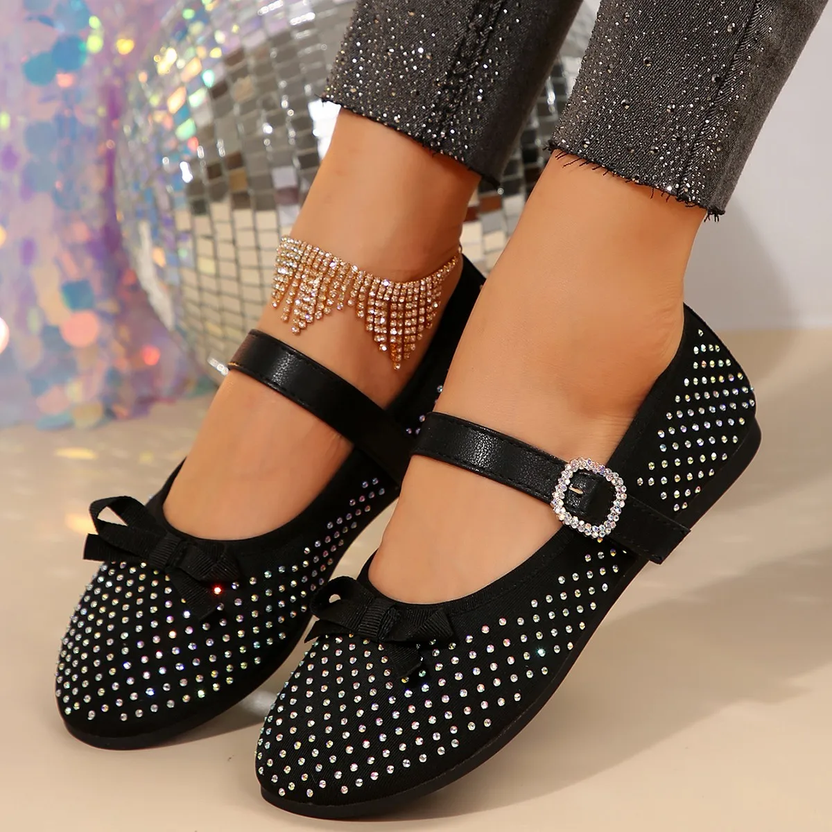 Luxury Rhinestone Stud Ballet Flat Shoe Woman Butterfly Knot Soft Sole Design Mary Jane Shoe Ladies Crystal Buckle Strap Loafers