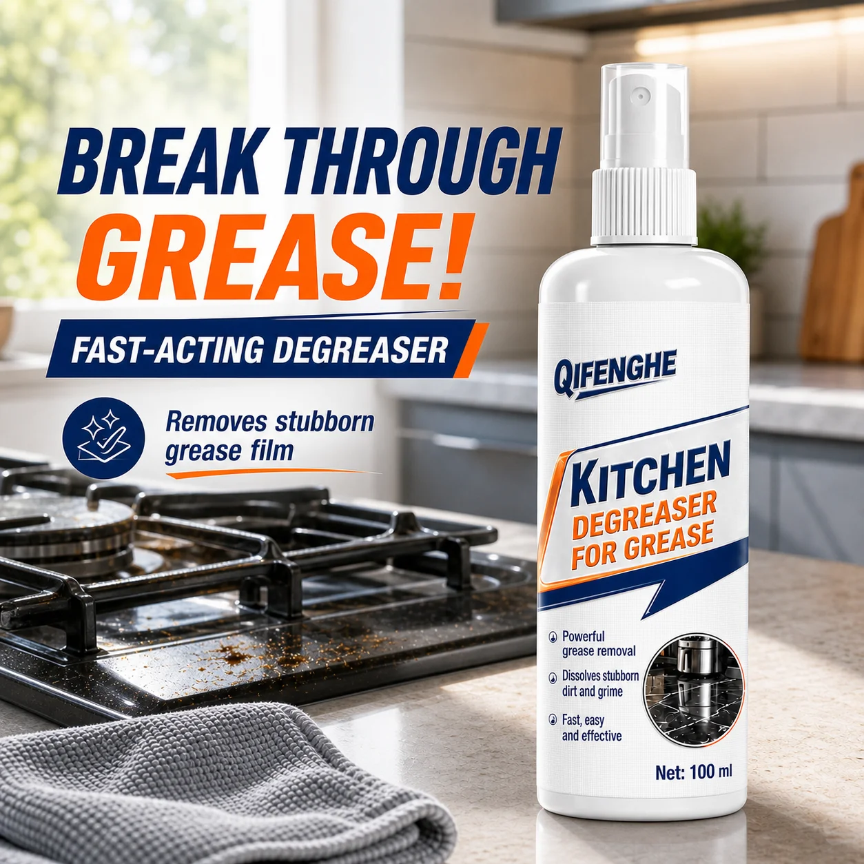 QIFENGHE Kitchen Grease Cleaner Spray 100ml, Heavy Duty Degreaser, Removes Stubborn Oil Stains for Stove, Hood, Cookware, With C