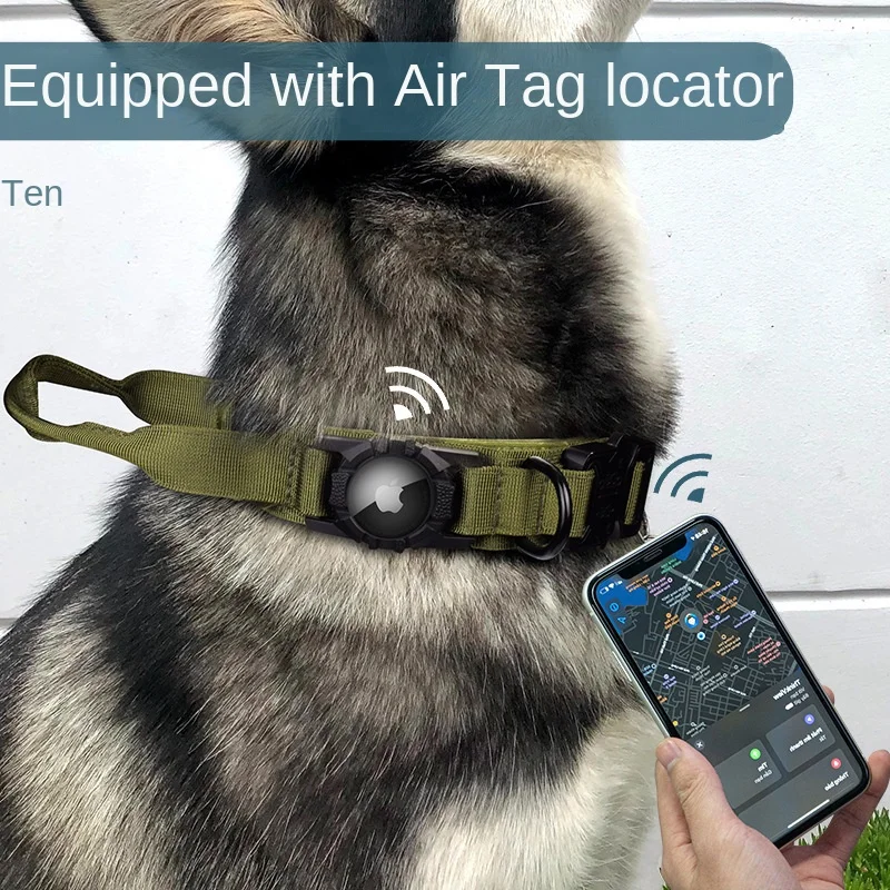 AirTag Tactical Dog Collar, with AirTag Holder and Handle Military Dog Metal Buckle Adjustable GPS Collar for Medium Large Dogs