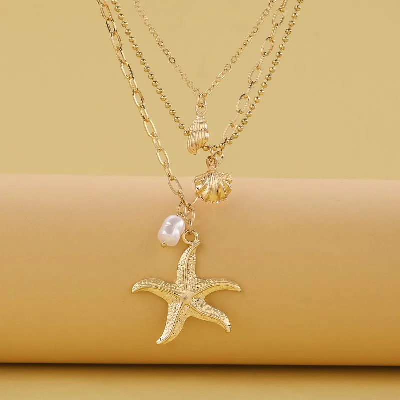 Fashionable Three-layer Pearl Starfish Shell Pendant Necklace for Women Trendy Summer Ocean Beach Party Jewelry Accessories