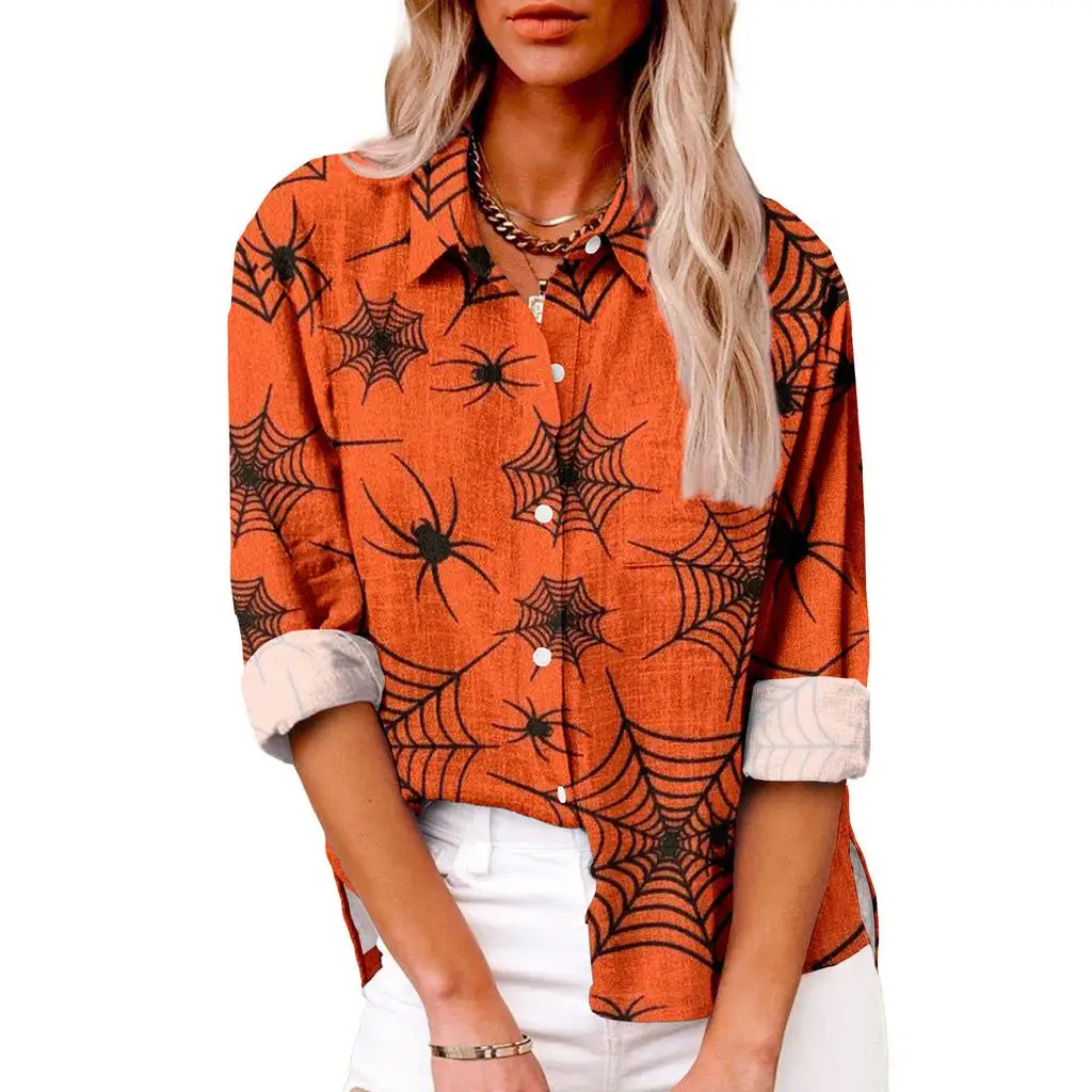 2024 casual lapel halloween shirt tops women hawaiian shirts women blouses 3d bat spider web print long sleeve shirts