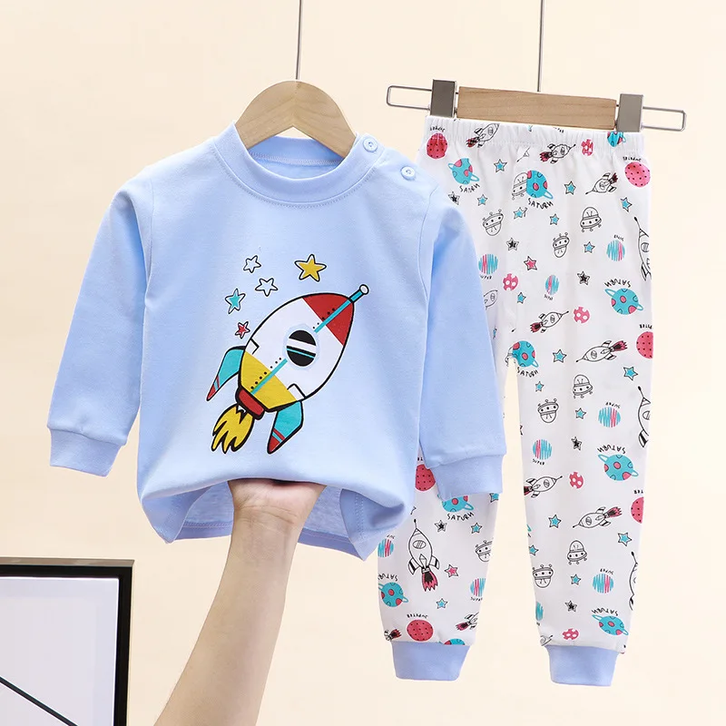 2026 Children's Autumn Outfit Set Long Sleeved Long Pants Two-piece Cotton Boy Dinosaur Sleepwear Girl Bear Rabbit Home Clothes