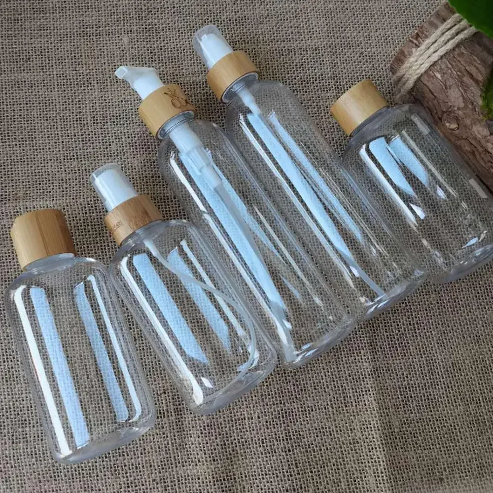 

eco friendly Bamboo Wood Lotion Pump Cap PET Plastic Bottle for Shampoo Body Plastic Bottle Hair Care bottle，cosmetic container