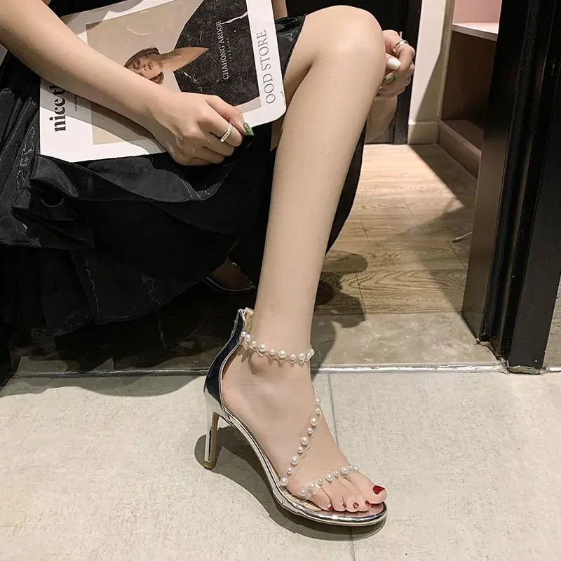 Summer 2024 Open Toe Footwear Thin Heels Sandals for Woman Silver Diamond Women\'s Shoes Clear Stiletto Transparent Rhinestones H