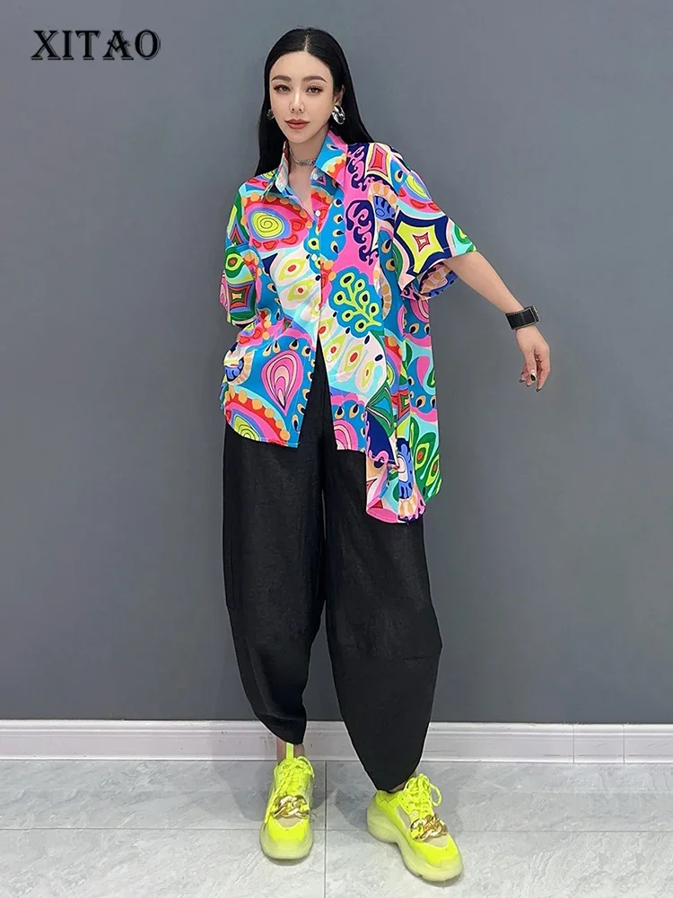 

XITAO Asymmetrical Women Print Shirt Personality Fashion Loose Short Sleeve Top 2024 Summer New Street Trendy Shirt ZY8785
