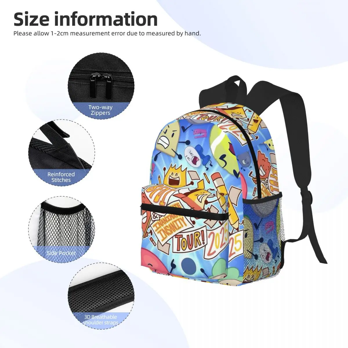 BFDI Four BFB 학생 배낭 학교 가방 남성 여성을위한 하이킹 여행 데이 팟 패션 Bookbag 어깨 가방