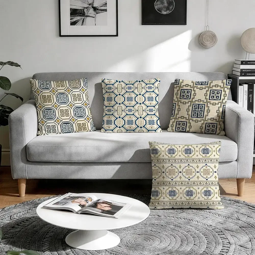 Geometric Chinoiserie Pagoda Print Cushion Cover Natural Breathable Durable Linen Printed Decor Pillow Case Sofa Bedroom