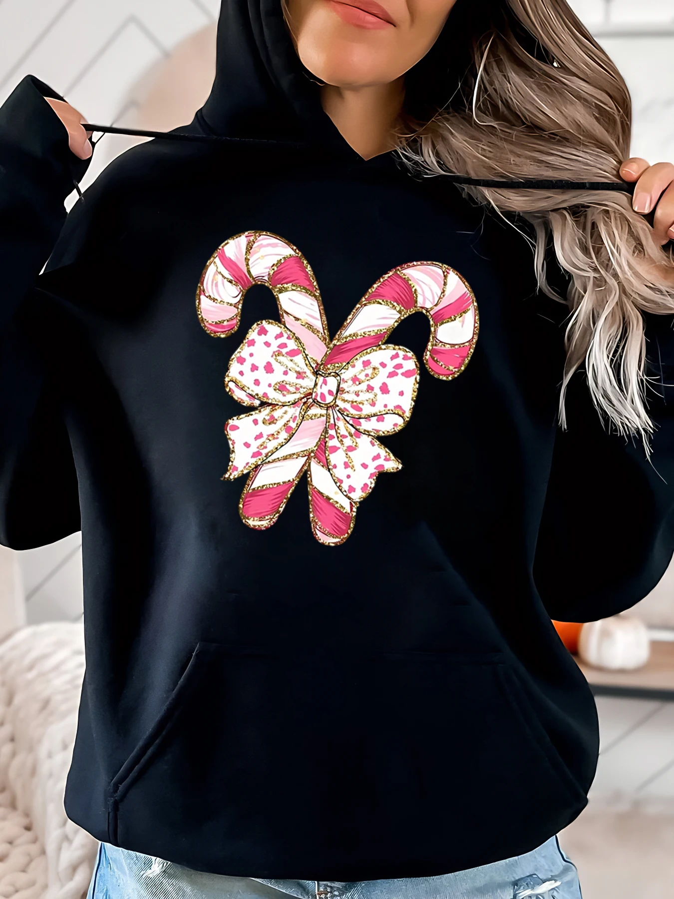 

Рождественская толстовка с принтом конфетной трости и бантом, женская повседневная праздничная одежда, черная, больших размеров