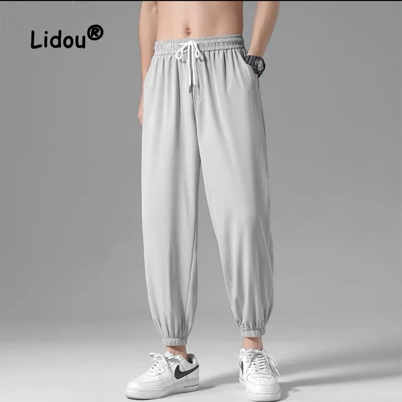 

Fashion Solid Color Pockets Quick Drying Ninth Pants New Loose Ice Floss Tide Waist Drawcord All-match Male Trousers Thin 2023