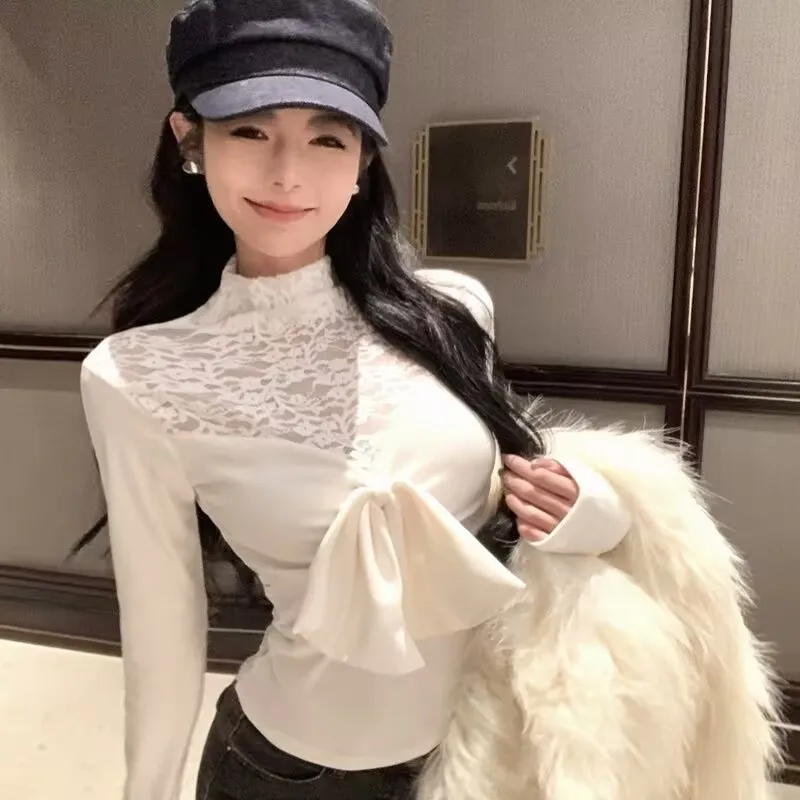 

Large Bow Lace Patchwork T-shirt 2025 New Women Spring Autumn Long Sleeve Shirt Blouse Female Korean Style Sweet Base Shirt