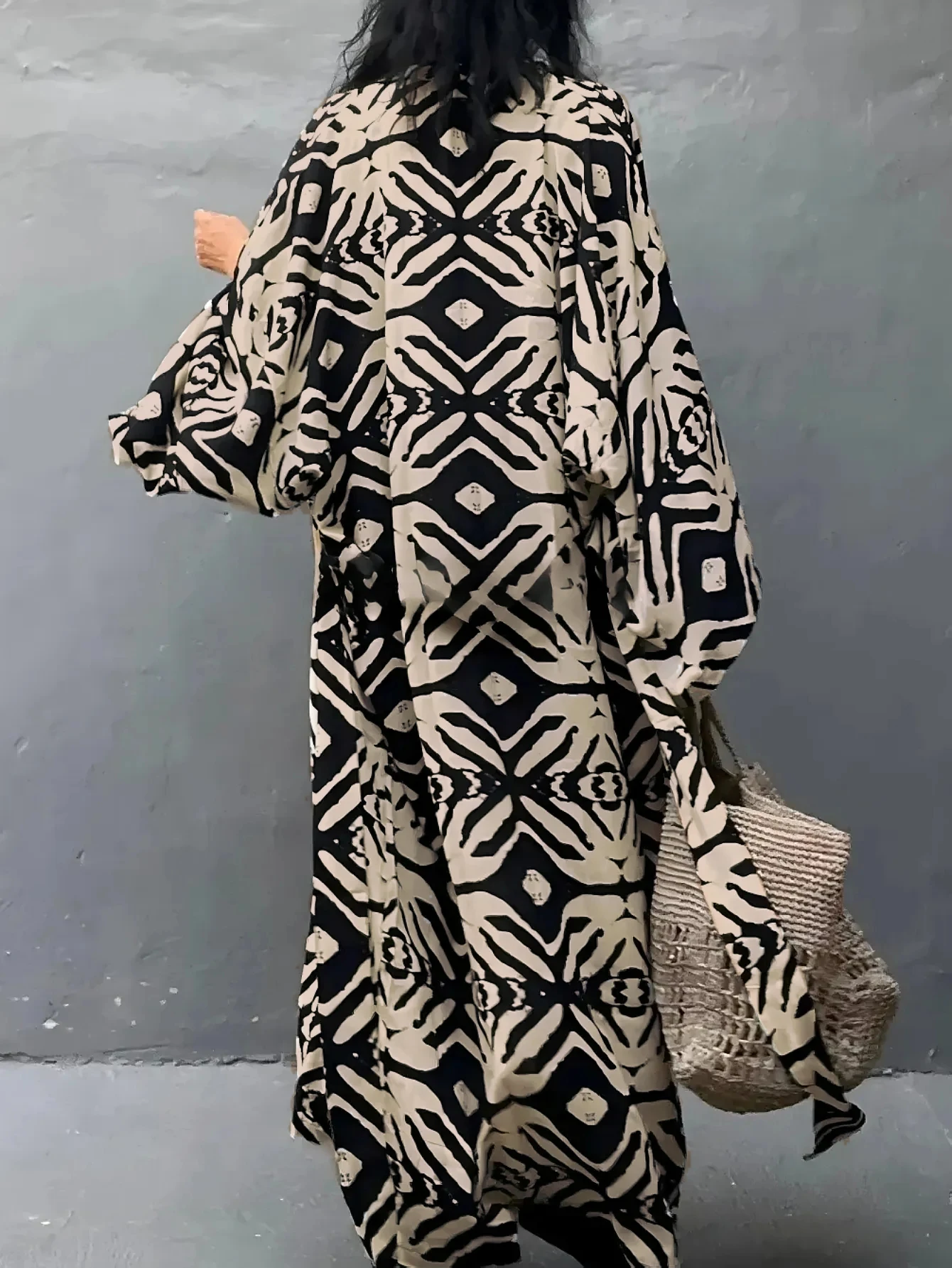 Plus Size Boho Cover Up, Women's Plus Tribal Print Long Sleeve Cover Up Long Cardigan