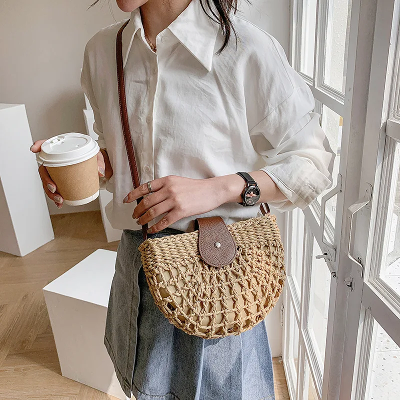 Yogodlns Sommer Stroh Tasche Für Frauen Mode Halbkreis Umhängetaschen Rattan Handgemachte Messenger Handtasche Reise Strand Taschen Tote – Detail 8