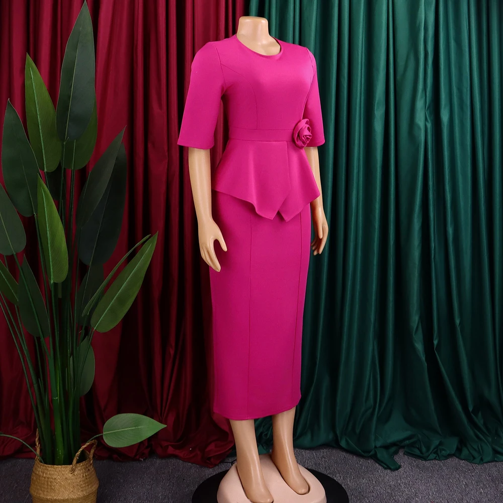 Trendige Sommerkleider für Damen, lässig, elegant, halblange Ärmel, O-Ausschnitt, Rüschen, Bürokleid, modisches afrikanisches Kleid mit 3D-Blumen – Detail 10