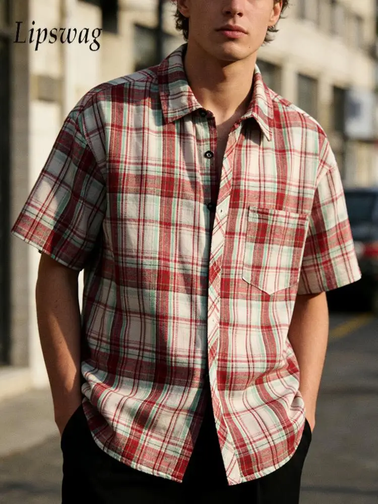 

Stylish Mens Plaid Shirts Casual Loose Short Sleeve Button-up Turn-down Collar Shirt 2026 Spring Summer Fashion Shirts Oversize