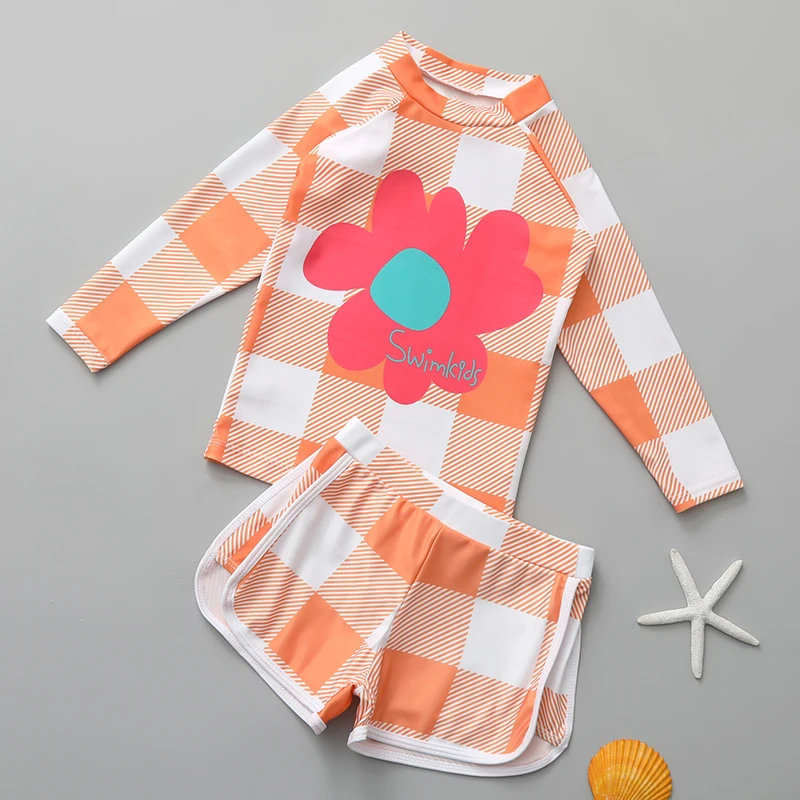 Children\'s swimsuit girl split new long sleeve shorts sunscreen quick drying medium large kid size hot spring swimsuit