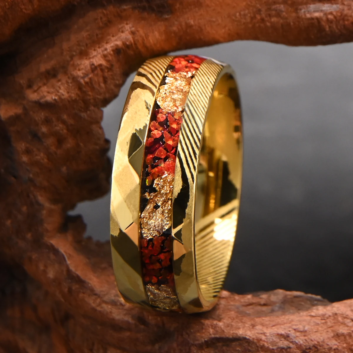 8mm hammered 18k gold plated Damascus steel ring inlaid with red opal and gold foil, handcrafted high quality accessory.